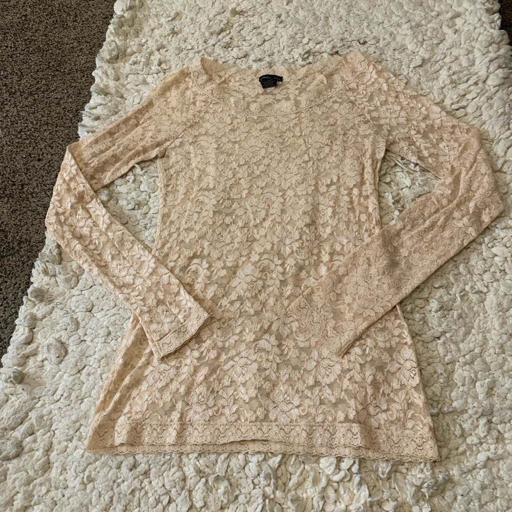 Moda International Cream Floral Lace Sheer Long Sleeve Women’s Top Small